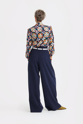 Designer Satin Blouse With Bishop Sleeves And Stand Collar – Print