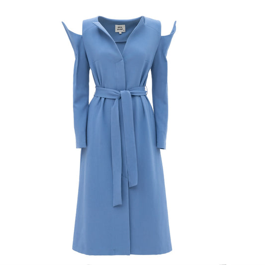 Fashion Long Button-Up Dress With Belt Light Blue