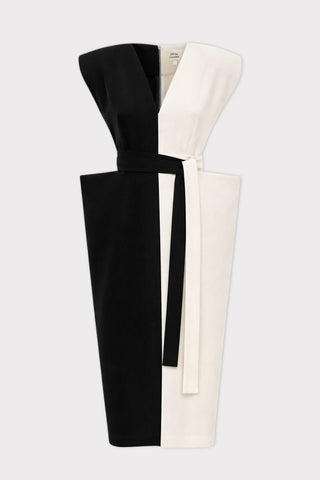 Fashion Midi Dress With Belt And Bold Shoulders – Black & Ivory - Julia Allert
