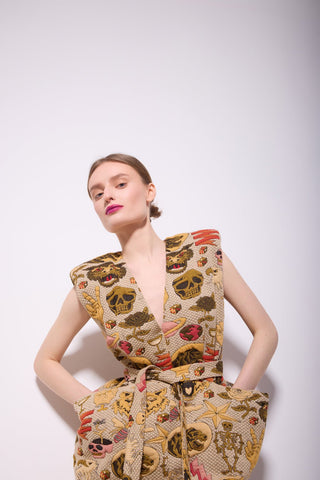 Fashion Midi Dress With Belt And Bold Shoulders Jacquard - Julia Allert