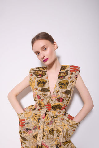 Fashion Midi Dress With Belt And Bold Shoulders Jacquard - Julia Allert