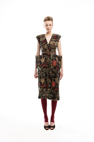 Fashion Midi Dress With Belt And Bold Shoulders Jacquard Black - Julia Allert