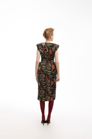 Fashion Midi Dress With Belt And Bold Shoulders Jacquard Black - Julia Allert