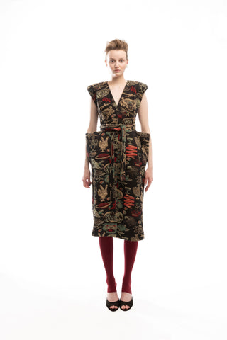 Fashion Midi Dress With Belt And Bold Shoulders Jacquard Black