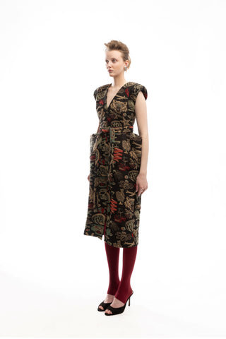 Fashion Midi Dress With Belt And Bold Shoulders Jacquard Black