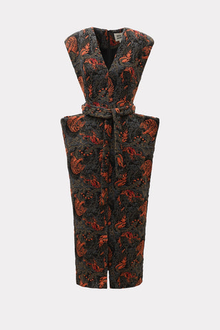 Fashion Midi Dress With Belt And Bold Shoulders Jacquard Black Red - Julia Allert