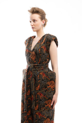 Fashion Midi Dress With Belt And Bold Shoulders Jacquard Black Red