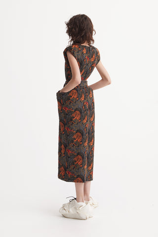 Fashion Midi Dress With Belt And Bold Shoulders Jacquard Black Red