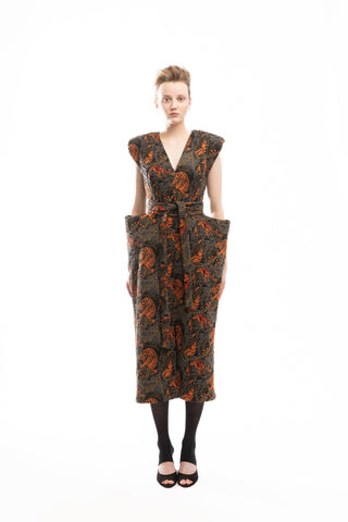 Fashion Midi Dress With Belt And Bold Shoulders Jacquard Black Red
