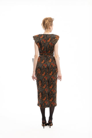 Fashion Midi Dress With Belt And Bold Shoulders Jacquard Black Red