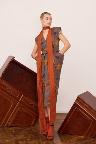 Fashion Midi Dress With Belt And Bold Shoulders Jacquard Grey - Julia Allert