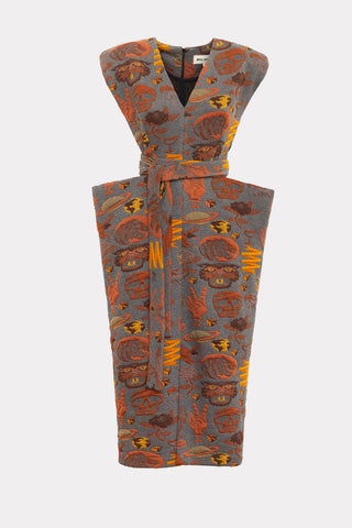 Fashion Midi Dress With Belt And Bold Shoulders Jacquard Grey