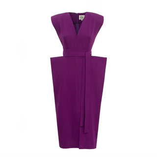 Fashion Midi Dress With Belt And Bold Shoulders Violet