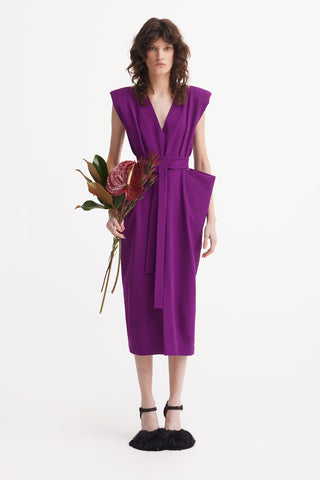 Fashion Midi Dress With Belt And Bold Shoulders Violet