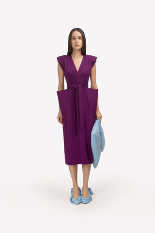 Fashion Midi Dress With Belt And Bold Shoulders Violet