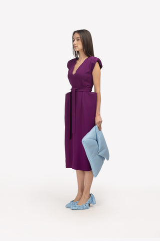 Fashion Midi Dress With Belt And Bold Shoulders Violet