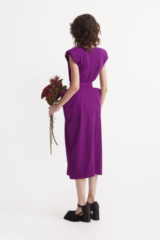 Fashion Midi Dress With Belt And Bold Shoulders Violet