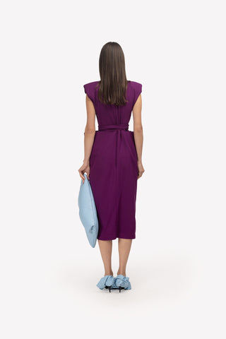 Fashion Midi Dress With Belt And Bold Shoulders Violet