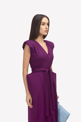 Fashion Midi Dress With Belt And Bold Shoulders Violet