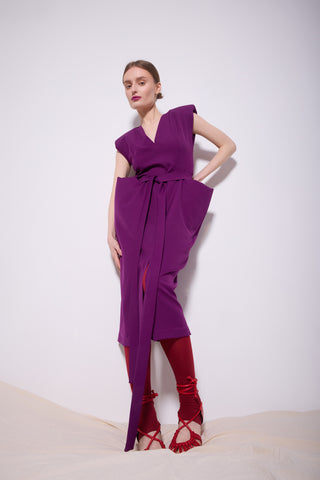 Fashion Midi Dress With Belt And Bold Shoulders Violet