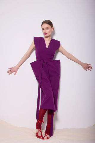 Fashion Midi Dress With Belt And Bold Shoulders Violet