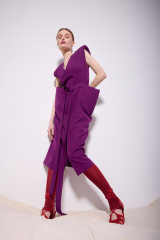 Fashion Midi Dress With Belt And Bold Shoulders Violet