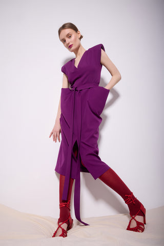 Fashion Midi Dress With Belt And Bold Shoulders Violet