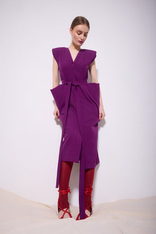 Fashion Midi Dress With Belt And Bold Shoulders Violet