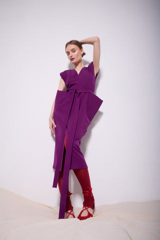 Fashion Midi Dress With Belt And Bold Shoulders Violet