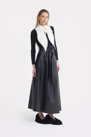 Faux Leather High-Waisted A-Line Skirt With Belt Black