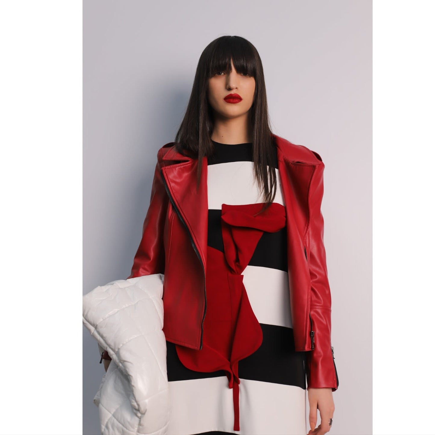 Faux Leather Jacket With Shoulder Pads Red
