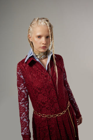Feminine Lace Shirt Dress With Half-Placket Burgundy - Julia Allert