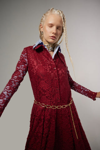 Feminine Lace Shirt Dress With Half-Placket Burgundy - Julia Allert