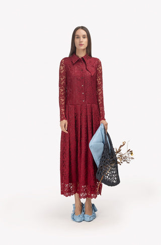Feminine Lace Shirt Dress With Half-Placket Burgundy - Julia Allert
