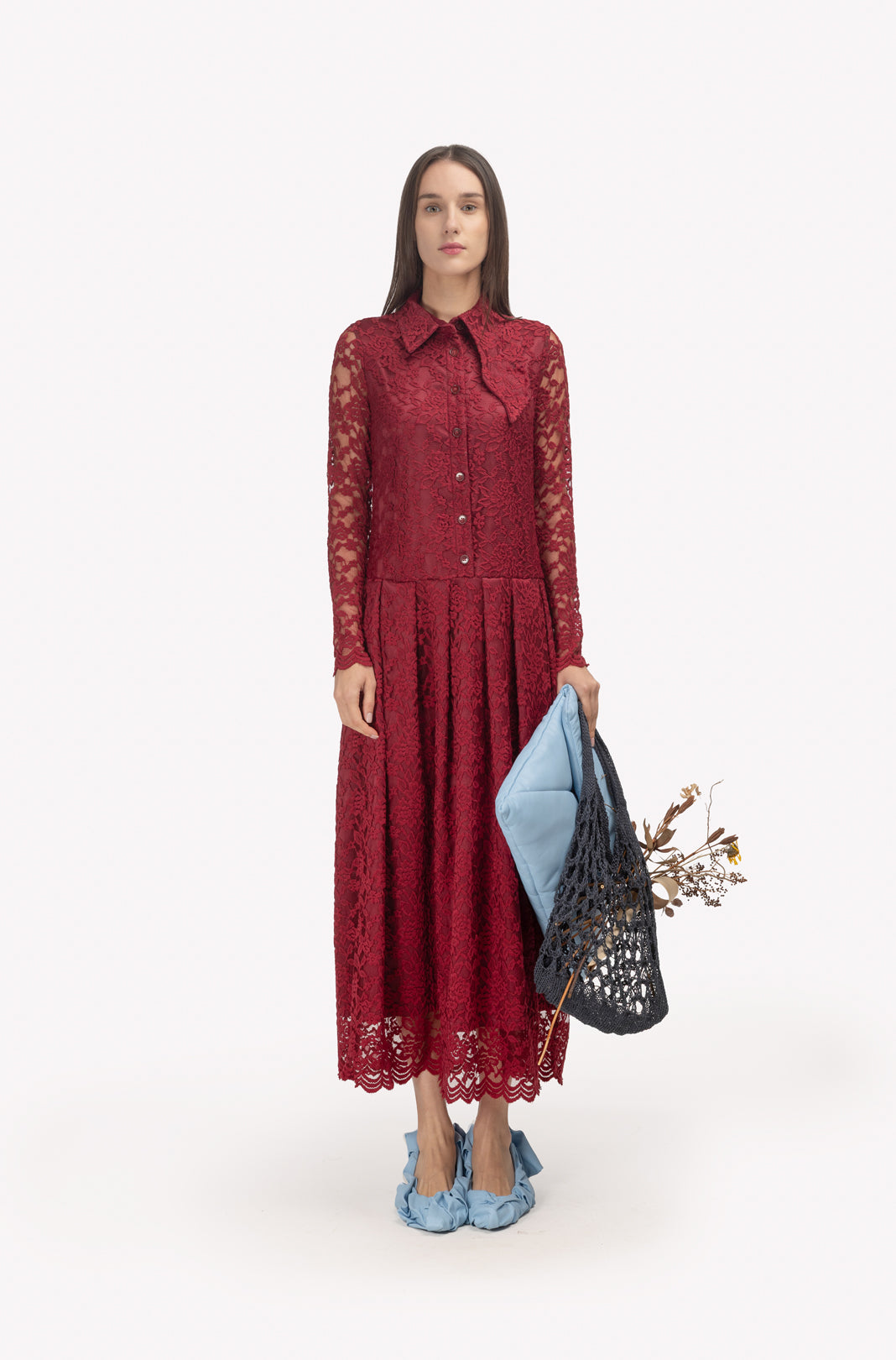 Feminine Lace Shirt Dress With Half-Placket Burgundy M Feminine Lace Shirt Dress With Half-Placket Burgundy M