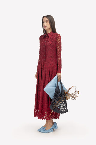 Feminine Lace Shirt Dress With Half-Placket Burgundy