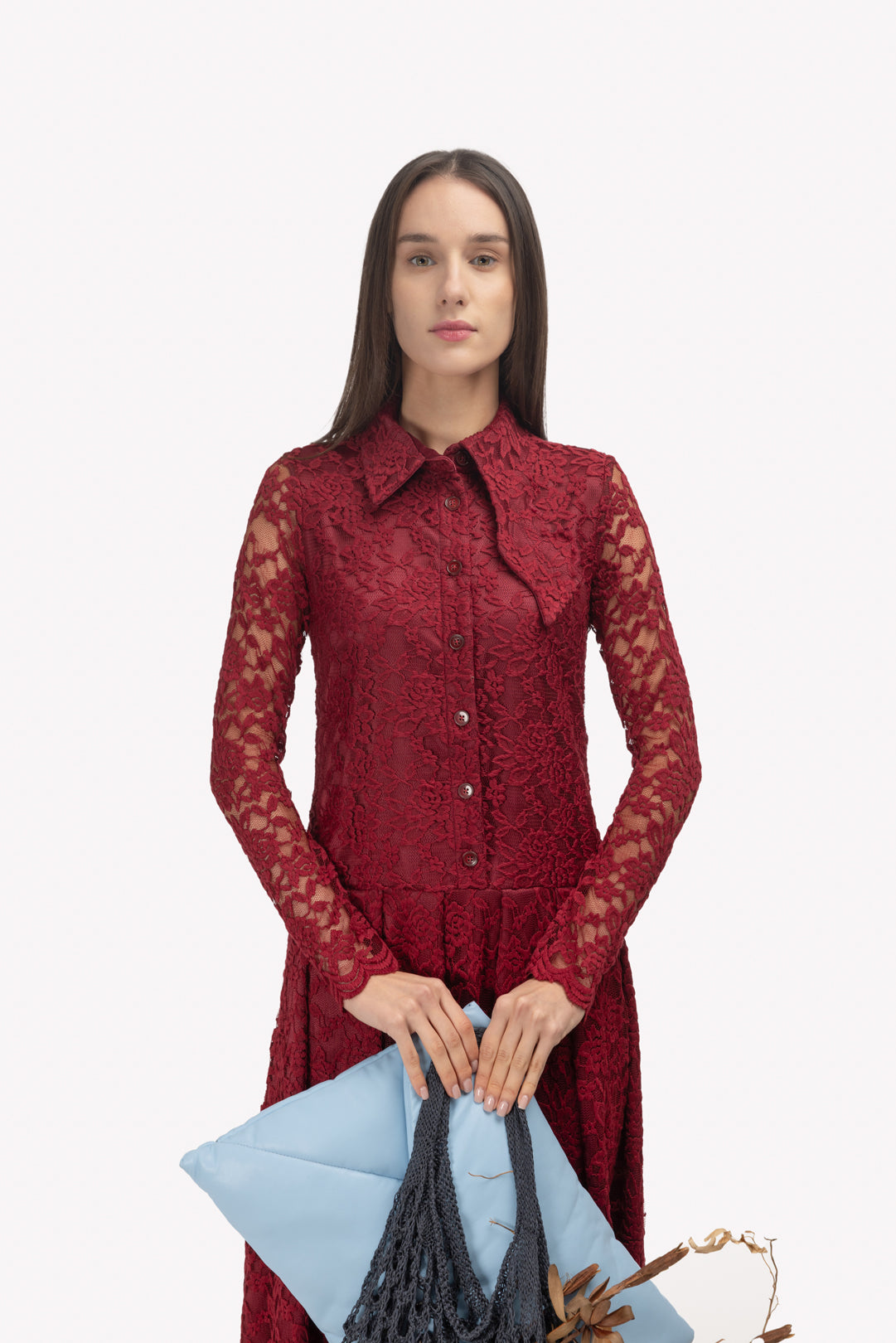 Feminine Lace Shirt Dress With Half-Placket Burgundy M Feminine Lace Shirt Dress With Half-Placket Burgundy M