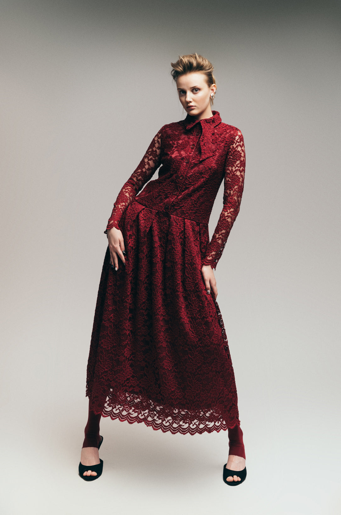 Feminine Lace Shirt Dress With Half-Placket Burgundy M Feminine Lace Shirt Dress With Half-Placket Burgundy M