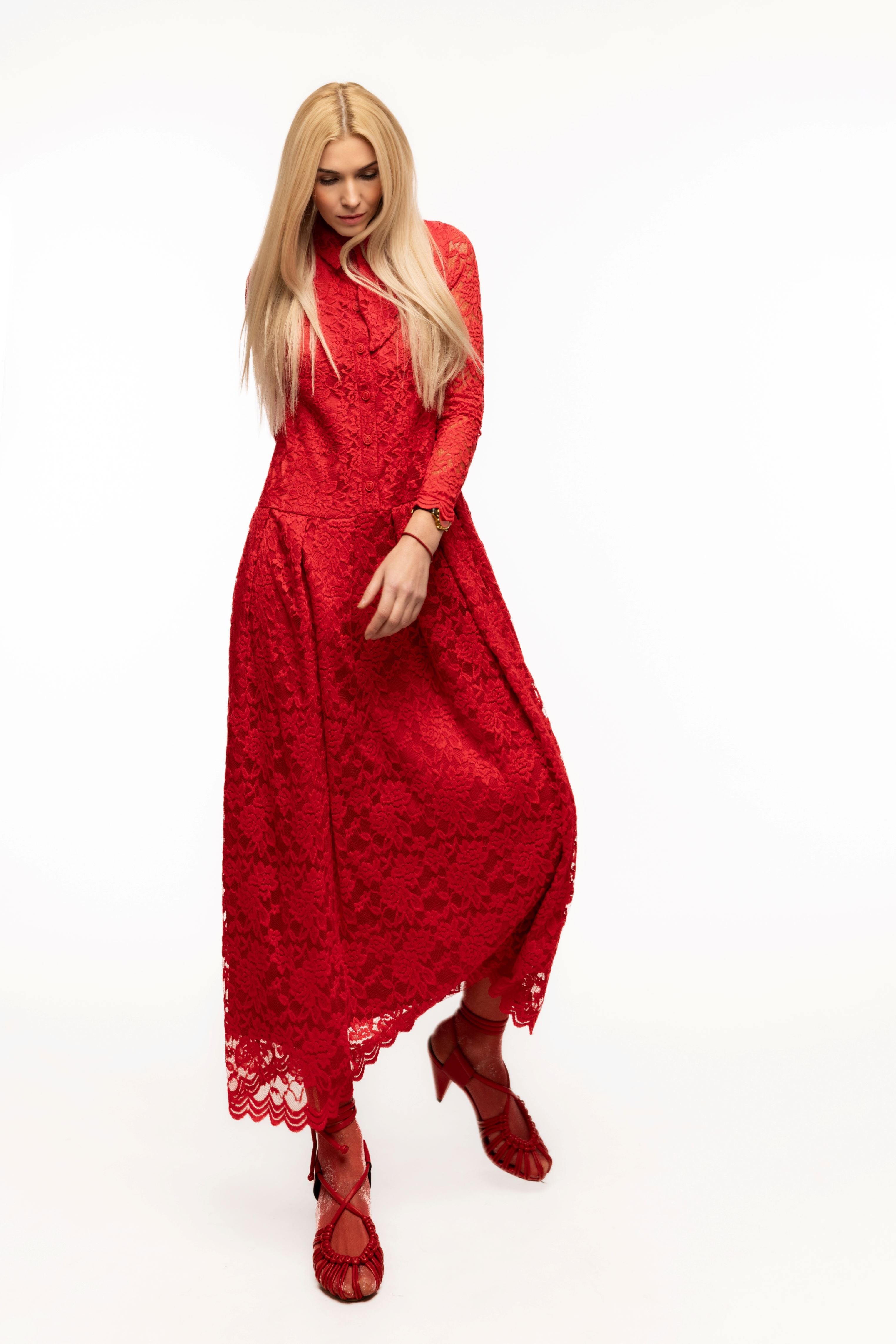 Feminine Lace Shirt Dress With Half-Placket Red XL Feminine Lace Shirt Dress With Half-Placket Red XL