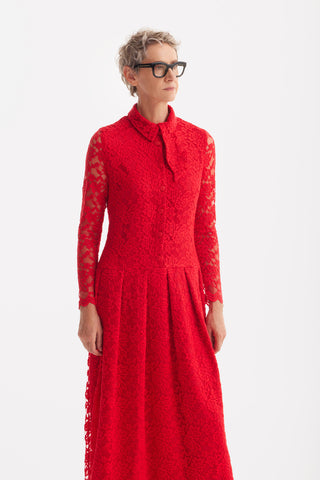 Feminine Lace Shirt Dress With Half-Placket Red