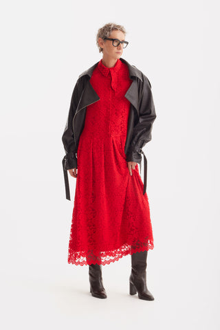 Feminine Lace Shirt Dress With Half-Placket Red