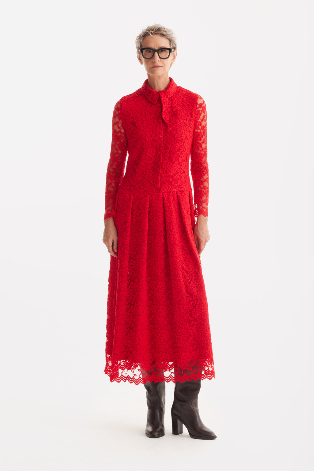 Feminine Lace Shirt Dress With Half-Placket Red XL Feminine Lace Shirt Dress With Half-Placket Red XL