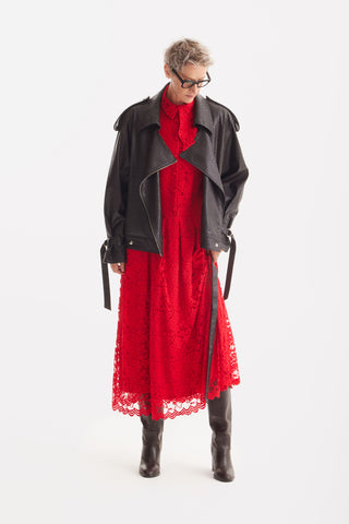 Feminine Lace Shirt Dress With Half-Placket Red