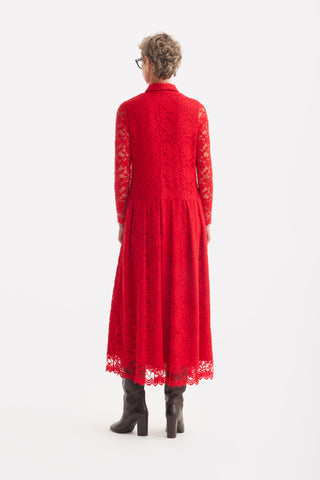 Feminine Lace Shirt Dress With Half-Placket Red