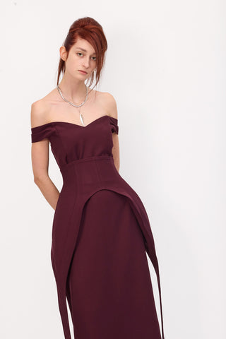 Figure-Flattering Off-Shoulder Midi Dress With Waist Corset Burgundy