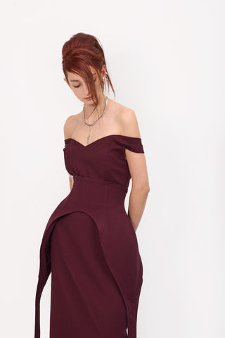Figure-Flattering Off-Shoulder Midi Dress With Waist Corset Burgundy