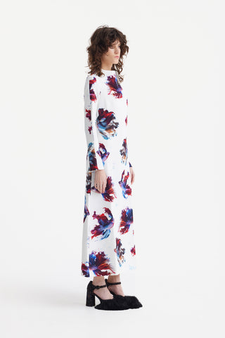 Fish Print A-Line Long Dress White