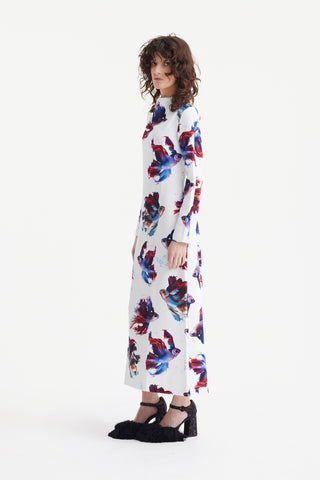 Fish Print A-Line Long Dress White