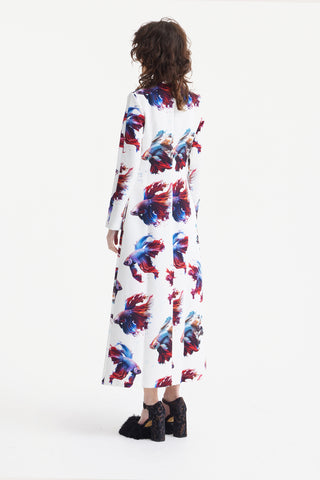 Fish Print A-Line Long Dress White