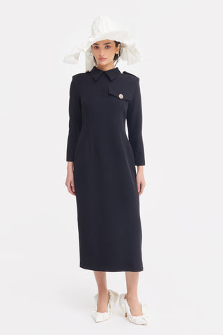 Fitted Long Sleeve Dress With Stand-Up Collar Black - Julia Allert